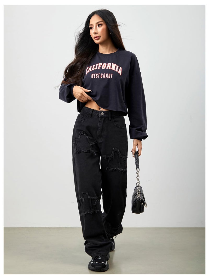 SweatyRocks Women's Casual Long Sleeve Crew Neck Letter Print Crop Top Sweatshirt Navy M - Image 4